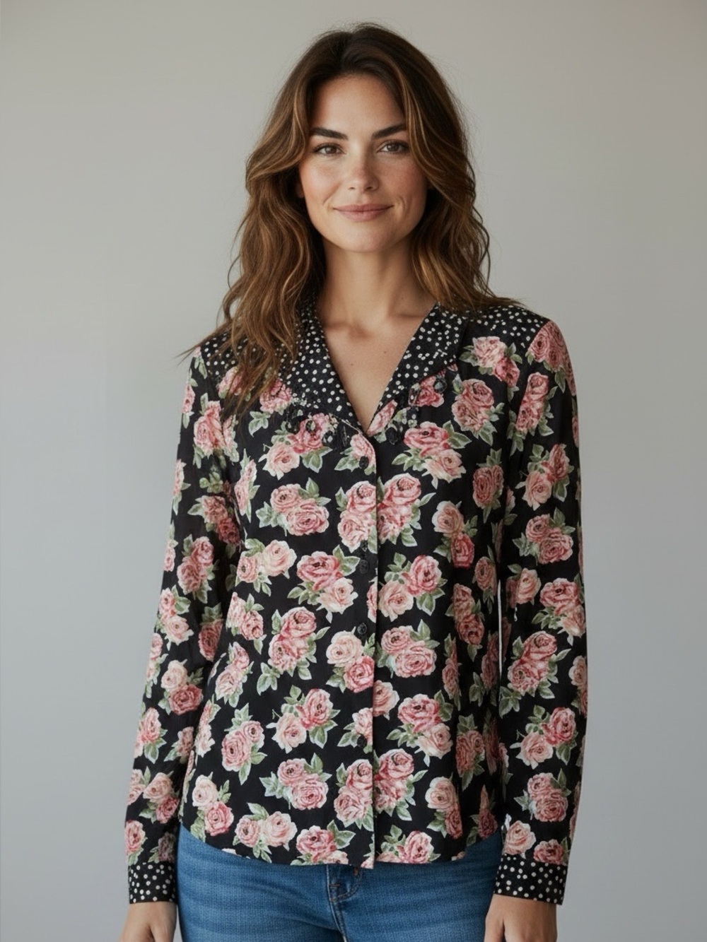Women’s Vintage Floral Long-Sleeve Button Shirt - Black with Pink Roses